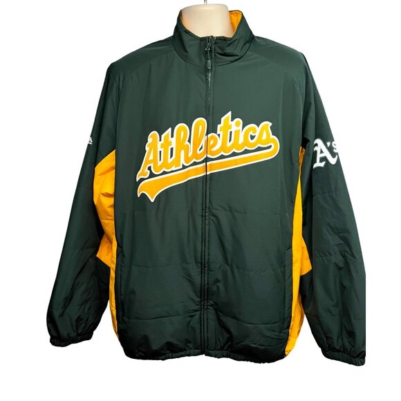 Majestic Oakland Athletics Baseball MLB Zip Jacket 2XL Green Gold Spell Out Logo